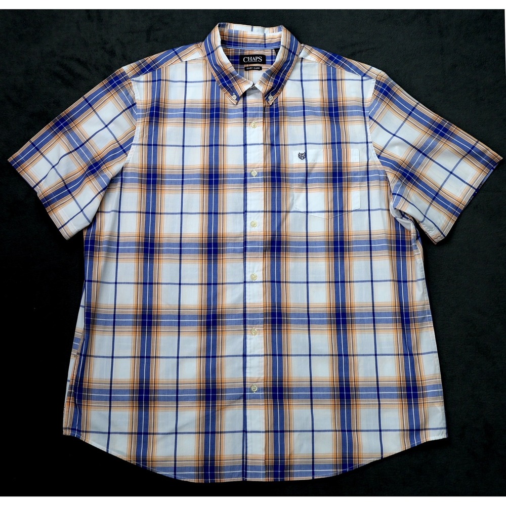 Chaps Button Down Shirt Mens XXL Blue Orange Plaid Excellent Short Sleeve